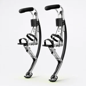 Pair of adult silver and black jumping stilts on a white background